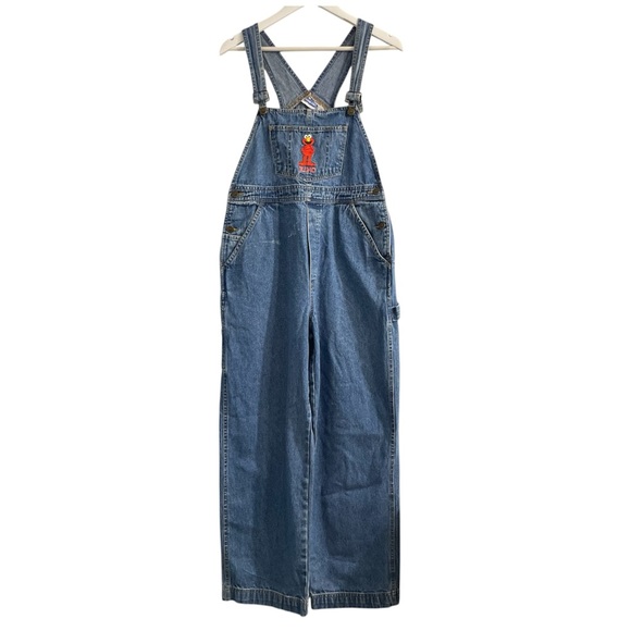 Sesame Street Pants - VINTAGE SESAME STREET ELMO DENIM EMBROIDERED OVERALLS JEAN Y2K kidcore blue
